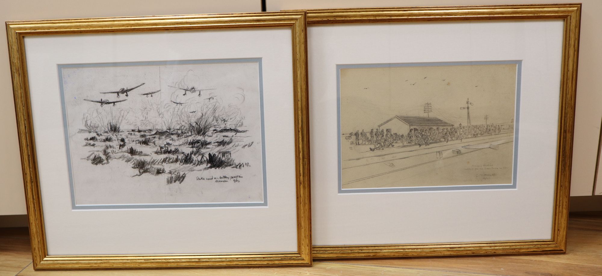 Cyril Mount (1920-2013), two drawings, Stuka raid on battery position, Alamein, 9/42 and Alamein Station, Waiting for the Leave Train t